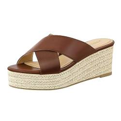 PIZZ ANNU Sandalen Damen Espadrilles Plateau Keilabsatz Frauen Keilsandalen Sandaletten Hausschuhe Pantoletten Elegant Sommer Schuhe Scotch Braun EU 37 von PIZZ ANNU