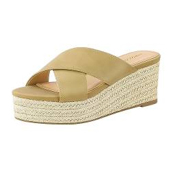 PIZZ ANNU Sandalen Damen Espadrilles Plateau Keilabsatz Frauen Keilsandalen Sandaletten Sommer Schuhe Hausschuhe Pantoletten Elegant Kamel EU 39 Schmal von PIZZ ANNU