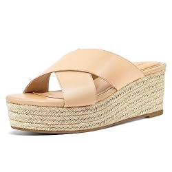 PIZZ ANNU Sandalen Damen Espadrilles Plateau Keilabsatz Frauen Keilsandalen Sandaletten Sommer Schuhe Hausschuhe Pantoletten Elegant Nude EU 39 Schmal von PIZZ ANNU