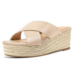 PIZZ ANNU Sandalen Damen Espadrilles Plateau Keilabsatz Frauen Keilsandalen Sandaletten Sommer Schuhe Hausschuhe Pantoletten Elegant Sand EU 39 Schmal von PIZZ ANNU