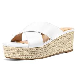 PIZZ ANNU Sandalen Damen Espadrilles Plateau Keilabsatz Frauen Keilsandalen Sandaletten Sommer Schuhe Hausschuhe Pantoletten Elegant Weiß EU 39.5 Schmal von PIZZ ANNU