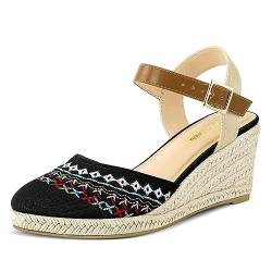 PIZZ ANNU Sandalen Damen Espadrilles Plateau Wedges Sandaletten mit Geschlossene Keilabsatz Sommerschuhe Sommer Pumps Frauen Schuhe Schwarze Stickerei EU 38 EU Schmal von PIZZ ANNU