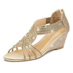 PIZZ ANNU Sandalen Damen Glitzer Strass Sandaletten mit Keilabsatz Reißverschluss Plateau Sommer Frauen Schuhe Keilsandalen Elegant Bequem Sommerschuhe Gold EU 38 von PIZZ ANNU