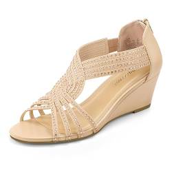 PIZZ ANNU Sandalen Damen Glitzer Strass Sandaletten mit Keilabsatz Reißverschluss Plateau Sommer Frauen Schuhe Keilsandalen Elegant Bequem Sommerschuhe Nude EU 37 von PIZZ ANNU