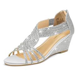 PIZZ ANNU Sandalen Damen Glitzer Strass Sandaletten mit Keilabsatz Reißverschluss Plateau Sommer Frauen Schuhe Keilsandalen Elegant Bequem Sommerschuhe Silber EU 37 von PIZZ ANNU