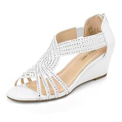 PIZZ ANNU Sandalen Damen Glitzer Strass Sandaletten mit Keilabsatz Reißverschluss Plateau Sommer Frauen Schuhe Keilsandalen Elegant Bequem Sommerschuhe Weiß EU 37 von PIZZ ANNU