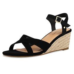 PIZZ ANNU Sandalen Damen Sandaletten Espadrilles mit Keilabsatz Keilsandalen Plateau Espandrillos Sommer Frauen Schuhe Sommerschuhe Schwarz 37 EU Schmal von PIZZ ANNU