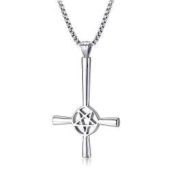 Herren Gothic Pentagramm Satanische Halskette : Edelstahl Pentagramm Satanic Satan Pagan Wiccan Inverted Cross Anhänger Halskette für Männer Halloween Weihnachten Geschenk, 24" Rollenkette ,Silber von PJ JEWELLERY