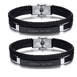 PJ JEWELLERY 2 STÜCKE Personalisierte maßgeschneiderte gravierte Edelstahl geflochtene Schwarze Leder ID Manschette Armbänder für Männer und Frauen, 8.2 " von PJ JEWELLERY