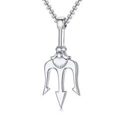 PJ JEWELLERY Edelstahl Altes Griechenland Amulett Halskette Poseidon Dreizack Anhänger Halskette Seemannsgeschenk, Geschenk für ihn zum Vatertag, Weihnachten, 24 "Kette, Silber von PJ JEWELLERY