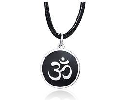 PJ JEWELLERY Edelstahl Sanskrit Symbol Yoga Spirituelle Harmonie Om Symbol Aum Runde Anhänger Halskette mit schwarzer Kordel Halskette für Männer von PJ JEWELLERY
