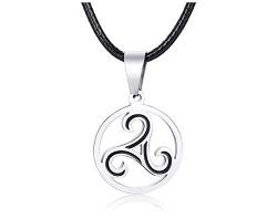 PJ JEWELLERY Edelstahl Triple Spiral Triskele Triskelion Keltisches Symbol Anhänger Halskette mit Kordel für Männer Frauen, Silber von PJ JEWELLERY