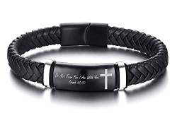 PJ JEWELLERY Geflochtenes Lederarmband Magnetverschluss Bibelvers Religiöse Armbänder Christliches Kreuz Schrift Graviertes Armband für Männer, Christlicher Schmuck von PJ JEWELLERY