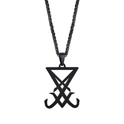 PJ JEWELLERY Herren Siegel von Luzifer Halskette : Satan Satanisch Anhänger Gotisch Gothic Hexe Alchemie Symbolisches Geschenk,Halloween Weihnachten 24'' Seilkette,Schwarz von PJ JEWELLERY