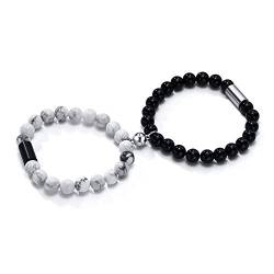 PJ JEWELLERY Magnetische Paar Armbänder Personalisierte Weiß Howlite & Schwarz Achat Matching Perlen Armbänder Distanz Beziehung Armband Benutzerdefinierte Name Perle Magnetic Set von PJ JEWELLERY