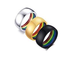 PJ JEWELLERY Normaler 3PCS Edelstahl 8mm Breite Polierter gewölbter Regenbogenstreifen-LGBT-Ring, Gay Pride Eheringe Bänder für Männer, klassischer täglicher Ring, Größe 54 (17.2) von PJ JEWELLERY