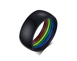 PJ JEWELLERY Normaler Edelstahl 8 mm Breite Polierter gewölbter Regenbogenstreifen-LGBT-Ring, Gay Pride Eheringe Bänder für Männer, klassischer Tagesring, Größe 57 (18.1), Schwarz von PJ JEWELLERY