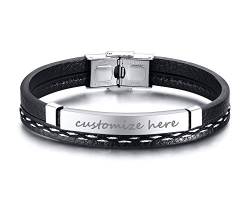 PJ JEWELLERY Personalisierte maßgeschneiderte gravierte Edelstahl geflochtene Leder ID Manschette Armbänder für Männer und Frauen, Silber, 7,6 " von PJ JEWELLERY