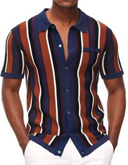 Herren Kurzarm Strickshirt Vintage Streifen Reverskragen Poloshirt, Königsblau, XL von PJ PAUL JONES