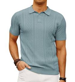 Herren-Poloshirt, gestrickt, kurzärmlig, gestrickt, Textur, Shirt, Herren, Stricken, Golf-T-Shirts, Blau-Grau, Mittel von PJ PAUL JONES