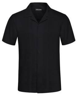 Lässiger Tops Herren Kurzarm T Shirt aus Baumwolle und Leinen mit kubanischem Kragen Schwarz M von PJ PAUL JONES