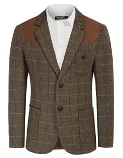 PJ PAUL JONES Herren-Blazer aus britischer Wollmischung, Patchwork-Tweed-Sportmäntel, Kaffee (kariert), M von PJ PAUL JONES