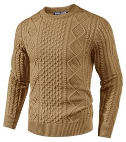 PJ PAUL JONES Herren Feinstrick Winterpullover Langarm Gerippte Mode Zopfstrickpullover (Khaki, L) von PJ PAUL JONES