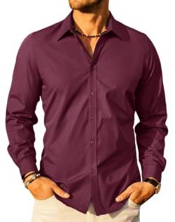 PJ PAUL JONES Herren Hemd Stretch Langarm Hemden Regular fit Businesshemd Formales Hemd (Weinrot, 4XL) von PJ PAUL JONES