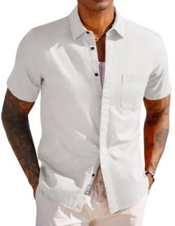 PJ PAUL JONES Herren Kurzarm Freizeithemden Leinenhemd Sommerhemd Regular Fit Businesshemd (Weiß, L) von PJ PAUL JONES