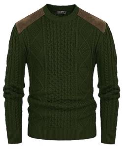 PJ PAUL JONES Herren Military Pullover Sweater Crewneck Vintage Zopfmuster Pullover mit Wildleder Patchwork, Grün (Army Green), Mittel von PJ PAUL JONES