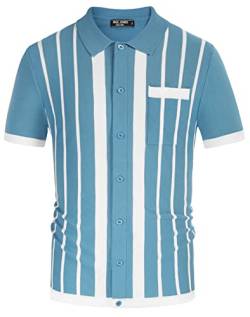 PJ PAUL JONES Herren Polo-Shirts, Vintage-Stil, gestreift, Knopfleiste, gestrickt, Golf-Shirts, Denim Blau-weiße Streifen, Mittel von PJ PAUL JONES