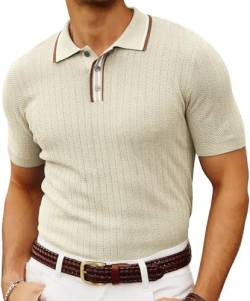 PJ PAUL JONES Herren-Poloshirt, gestrickt, kurzärmelig, strukturiert, Golf-Polo-T-Shirts, Beige-1, L von PJ PAUL JONES
