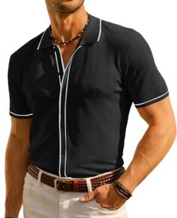PJ PAUL JONES Herren Poloshirt Vintage Kurzarm Strickhemd Casual Leicht Hollow Out Shirt, Schwarz, Mittel von PJ PAUL JONES