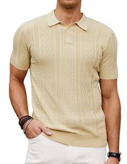 PJ PAUL JONES Herren Strick-Poloshirt Kurzarm Strick Textur Shirt Männer Stricken Golf T Shirts, Beige, Mittel von PJ PAUL JONES