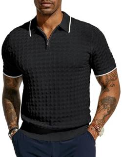 PJ PAUL JONES Herren Strick-Poloshirts Kurzarm Viertelreißverschluss Poloshirt, Schwarz, L von PJ PAUL JONES