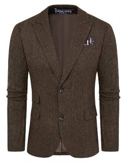 PJ PAUL JONES Herren Vintage Fischgrätenmuster Tweed Blazer Britische Wollmischung Sport Mantel Jacke, Braun Fischgrätmuster, L von PJ PAUL JONES