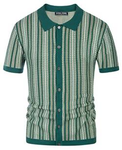 PJ PAUL JONES Herren Vintage Fischgrätenstruktur Sommer Poloshirt Slim Fit Golf Polo Shirts (Grün, S) von PJ PAUL JONES