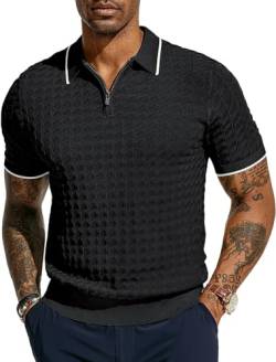 Strick Shirts Herren Kurzarm Lässiger Polohemd T-Shirt mit halber Reißverschluss Schwarz XL von PJ PAUL JONES