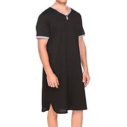 Herren Nachthemd Kurzarm Weicher Pyjama Bequeme Lockere Nachtwäsche Hemd Loungewear,Schwarz,3XL von PJFCS