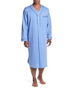 PJFCS Herren Nachthemd 100% Baumwolle Langarm V-Ausschnitt Morgenmantel Schlafroben Knöpfe Nachtwäsche,Blau,M von PJFCS