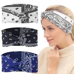 3 Stück Damen stirnband haarband damen breit, Stirnbänder Damen Frauen Haarreifen Breite Boho Blumendruck, Elastische Weiche Bohmisches Stirnband, Blumen muster bedrucktes verdrehtes Stirnband von PLABBDPL