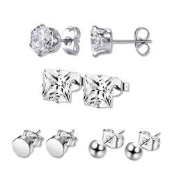 4 Paar Ohrringe Set Edelstahl, Allergiefreie Ohrstecker Männer Ohrstecker Stecker Creolen Zirkonia Ohrstecker Set Ohrschmuck Hoop Piercing für Herren Damen Unisex, Silber von PLABBDPL