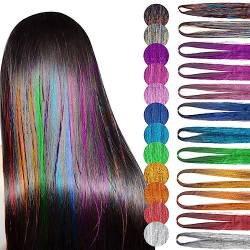 PLABBDPL 12PCS Teilig Haar Lametta Bunte Haarsträhnen,12 Farben,Lametta für Haare mit Werkzeug,Glitzer Strähnen Haare Regenbogen Haarverlängerung Kunsthaar zum Einflechten, Party & Deko von PLABBDPL