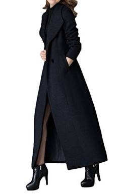 Damen Klassisch Zweireihig Dicker Kaschmir Mantel Winter Lang Wollmischung Trenchcoat Jacke, Schwarz , 44 von PLAERPENER