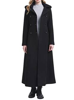 PLAERPENER Damen Kaschmir Wolle Trenchcoat Winter Warm Dicke Zweireiher Lange Jacke, Schwarze Kapuze - Stil 12, 40 von PLAERPENER