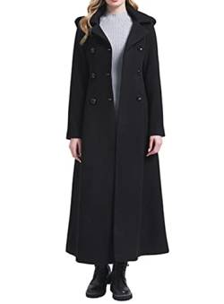 PLAERPENER Damen Kaschmir Wolle Trenchcoat Winter Warm Dicke Zweireiher Lange Jacke, Schwarze Kapuze - Stil 12, 42 von PLAERPENER