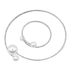 2 Stück/Set trendige doppelte simulierte Perlen offene Choker Halskette und Armband Set verstellbar für Brauthochzeit Party, Siehe Abbildung von PLCPDM