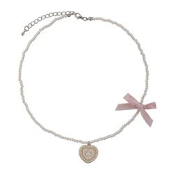 Kamelien-Herz-Anhänger, Choker, verstellbare Schlüsselbeinkette mit Schleife, stilvolle Perlen, feminine Halskette, Wie abgebildet von PLCPDM