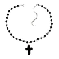 Kruzifix-Anhänger, Halskette, religiöse Schlüsselbeinkette, Punk-inspiriertes Kreuz, Choker-Ornamente, schwarze Perlen, Perlenzubehör, Siehe Abbildung von PLCPDM