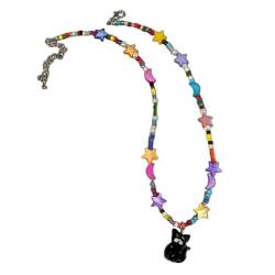 PLCPDM Bohemian-Perlen-Halskette, Cartoon-Design, niedliches Katzenkopf-Armband, bunt, kurze Harz-Halskette, Sommer-Stern-Mond-Halskette, Schmuck, Siehe Abbildung von PLCPDM